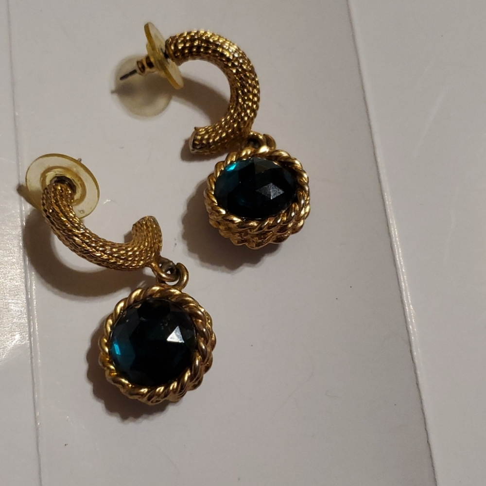 Earrings, pierced, large faux Emerald gem, Drop